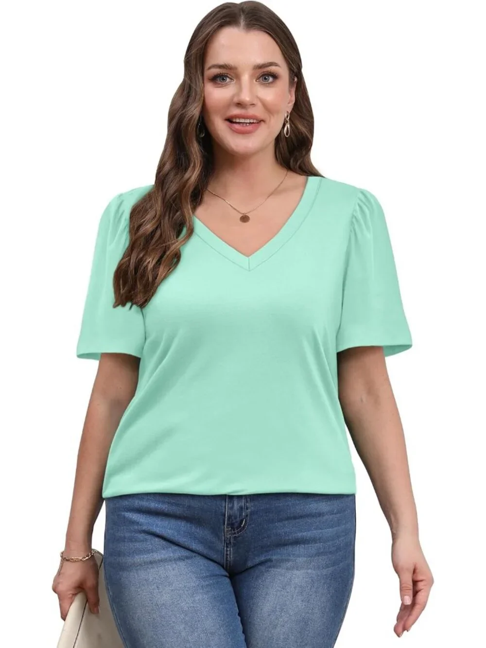 Women's T Shirts Green V Neck Dressy Casual Puff Short Sleeves Summer Tops